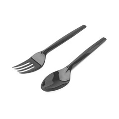 Black Plastic Fork and Spoon Set Isolated on White Background.