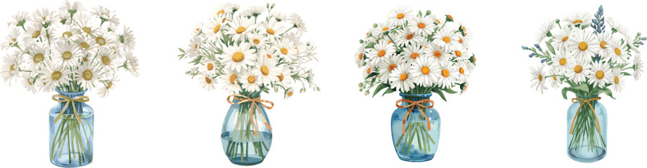 Watercolor illustration of bouquet of white daisies in blue transparent vase tied with bow. Hand drawn botanical composition, isolated set on white background