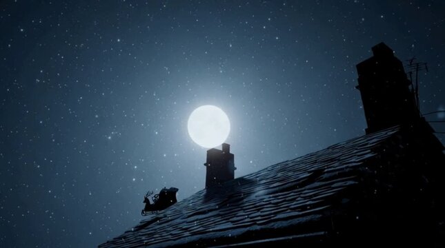 Silhouette of Santa Claus sleigh and reindeer taking off from a snowy roof chimney against a bright full moon.