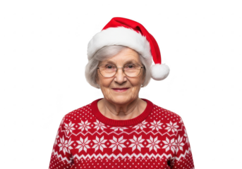 Elderly woman wearing christmas sweater and santa hat, isolated on transparent background