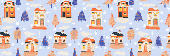 Modern simples pattern scandinavian village with tiny snow covered christmas houses.