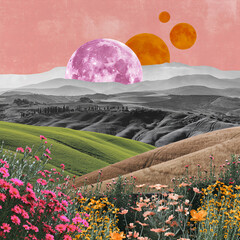 Surreal landscape with colorful clouds and unique celestial bodies over rolling hills and vibrant flowers in a dreamlike setting