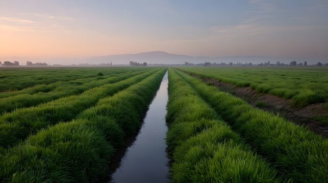 Expansive green farmland with neat rows and a central irrigation channel under a hazy dawn sky distant mountains