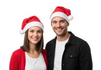 Couple wearing santa hats isolated on transparent background