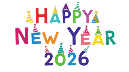 Colorful Happy New Year 2026 Celebration with Party Hats.