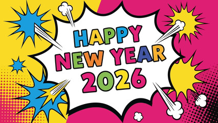 Happy New Year 2026 Comic Book Style Celebration.