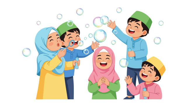 Joyful children and family in a playful outdoor bubble blowing activity
