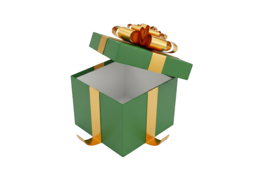 Green gift box with golden ribbon isolated on transparent background