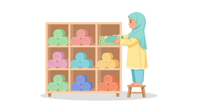Woman Organizing Multicolored Rolled Towels on Wooden Shelf in a Spa or