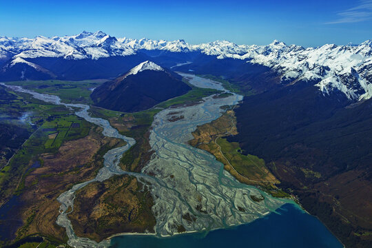 Aerial view of Forbes Mountain and Rees River, Mount Earnslaw, Glenorchy, Otago, New Zealand