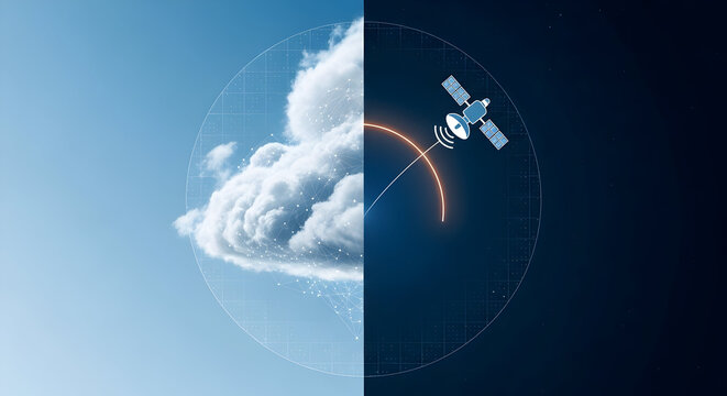 Satellite Communication Concept Cloudy Sky and Space Station in Illustration