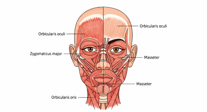 Detailed 2D flat vector illustration of female facial anatomy showing the superficial muscles, nerves, and structure, half-covered by skin and precisely labeled on a bright white background.