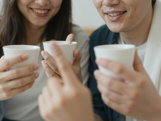 Two people enjoying a warm beverage together, smiling and sharing a joyful moment. The cozy atmosphere invites relaxation and connection, embodying friendship and companionship over tea or coffee