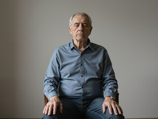 A senior man with grey hair is sitting calmly in a chair with closed eyes, dressed in a blue button-up shirt, portraying a peaceful expression and reflecting tranquility and mindfulness