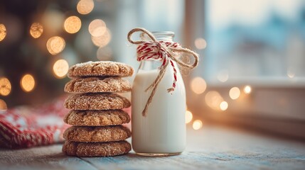 Glass of milk is next to a stack of cookies. The cookies are decorated with powdered sugar and the milk is in a glass bottle. The scene is set in a cozy, homey atmosphere