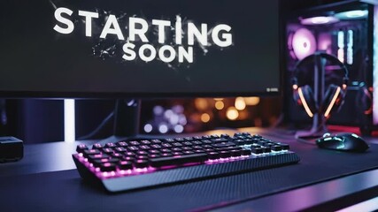 Gaming Setup: Stream Starting Soon. Stream starting soon screen, overlay loop, animated virtual backgrounds, cozy lo-fi gaming room view. vtuber asset twitch zoom OBS. - Powered by Adobe