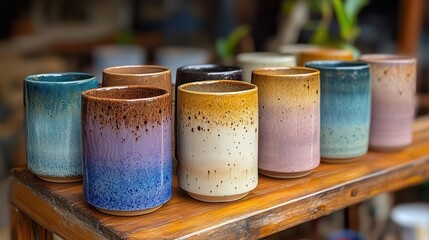 Assorted colorful ceramic cups on wooden shelf