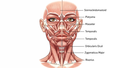 Bright flat 2D drawing of human female facial and neck muscles, meticulously labeled with anatomical names, shown in a striking symmetrical half-skin diagram isolated on a clean white background.