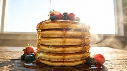 Delicious breakfast pancakes with fresh berries and syrup - Powered by Adobe