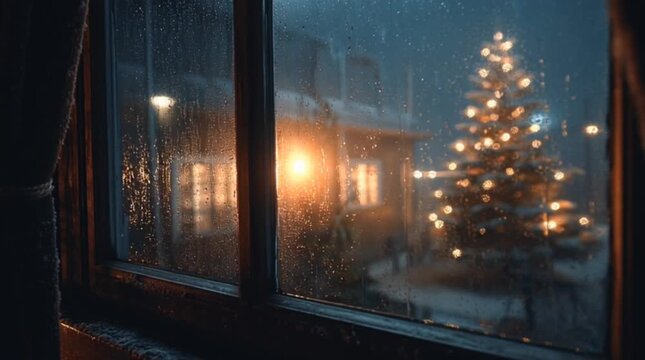 View through a rainy window with condensation looking at an illuminated Christmas tree and house in a snowy yard at night.