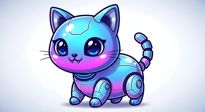 Charming metallic robot kitten with sparkling large eyes, a vibrant blue and pink gradient finish, depicting a cute futuristic animal companion for imaginative projects - Powered by Adobe