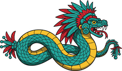 Obraz premium Aztec feathered serpent Quetzalcoatl vector, ancient mythology creature, cultural illustration, colorful dragon god design, traditional Mesoamerican deity, serpent with feathers and fangs