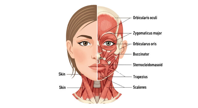 2D flat design vector illustration of female facial and neck muscles anatomy, half-skin half-muscle breakdown diagram clearly labeled for medical study and education.