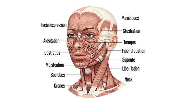 Educational flat 2D illustration showing detailed female facial and neck muscles in a scientific half-skin, half-muscle view with clearly visible anatomical names on a clean white background.