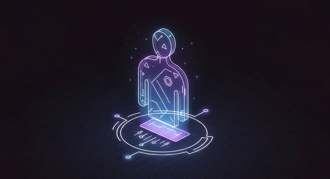 Digital Human Futuristic Visualization of Data Processing and Human-Machine Interaction - Powered by Adobe