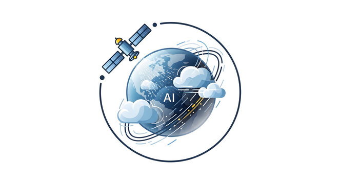 Global AI Technology and Connectivity Illustration with Satellite Orbiting Earth