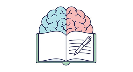 Conceptual illustration of the human mind with a dual-colored brain on an open book, symbolizing learning, creativity, and logic