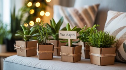 A cozy arrangement of potted plants on a sofa, featuring a sign that reads "New chapter," creating a fresh and inviting atmosphere.