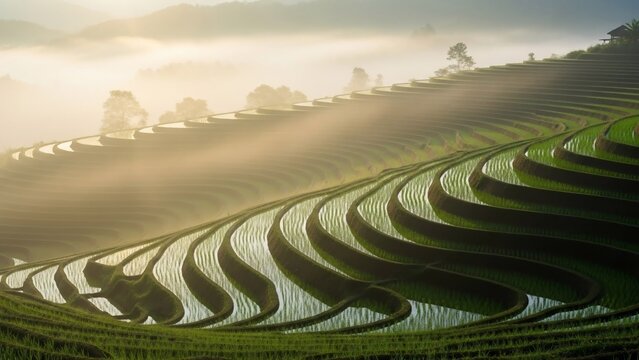 Golden light illuminates misty rice terraces at dawn, creating a breathtaking agricultural - Powered by Adobe