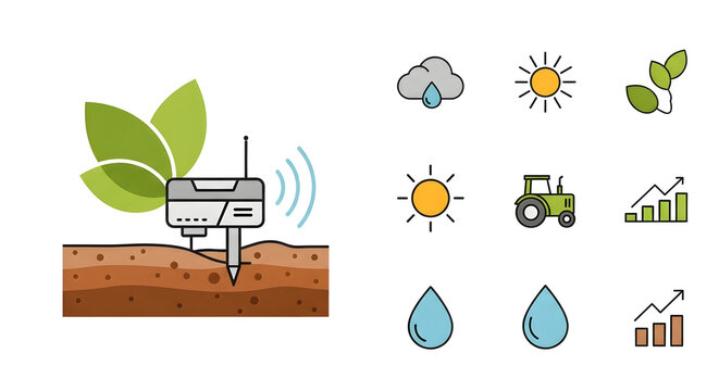 Smart agriculture technology concept with a wireless soil sensor and a set of icons for weather, crop growth, and data analysis - Powered by Adobe