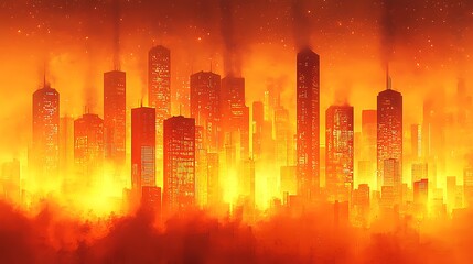 Fiery City Skyline with Burning Skyscrapers, Dense Smoke, and Glowing Sparks Against an Orange Sky