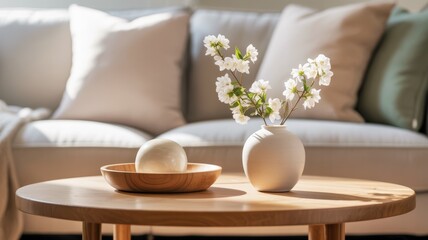 A serene living room scene featuring a wooden coffee table with decorative items and a bouquet of flowers, complemented by plush cushions on a sofa.