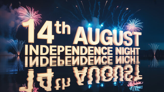 Celebrate Independence Night on 14th August with Stunning Fireworks Display Reflected on Water for Patriotic Celebrations and National Pride, Expressing Joy and Freedom