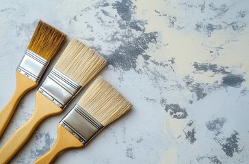 Three paintbrushes on light gray backgroun, painting tools for home and office interior design and decoration concept.