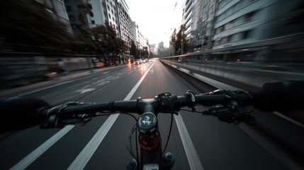 Riding a bicycle down a city street with motion blur, the road ahead stretches out with tall buildings on either side, creating a sense of speed and adventure.