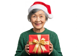 Elderly asian woman wearing santa hat holding gift box, isolated on transparent background