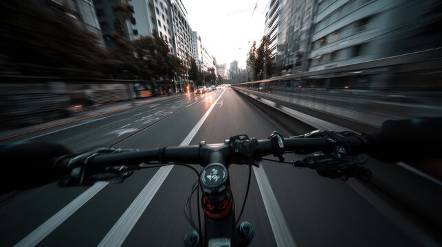 Fototapeta Riding a bicycle down a city street with motion blur, the road ahead stretches out with tall buildings on either side, creating a sense of speed and adventure.