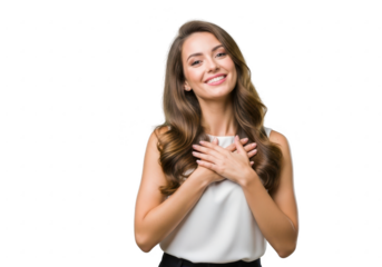 Woman with hands on chest smiling, isolated on transparent background