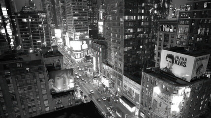 An elevated grayscale view captures the vibrant city lights illuminating streets and buildings at night, showcasing a bustling urban landscape in the darkness.