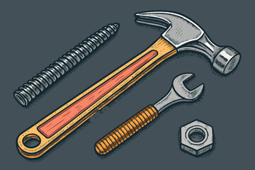 Depicting Industrial Tools Hammer Wrench Elegant High-Quality Stock Image