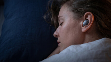Serene young woman peacefully sleeping in a dark bedroom, wearing wireless earbuds to listen to calming music or a podcast for deep relaxation and rest