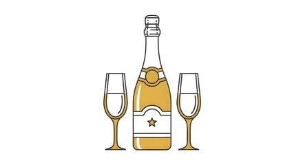 hand drawn style Champagne Bottle with Two Glasses