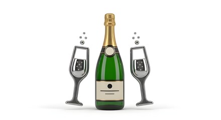 Champagne Bottle with Two Glasses Celebrating Elegant Toast on White Background