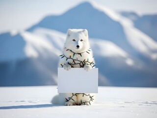 Arctic fox holding blank sign wrapped in festive lights against snowy mountains