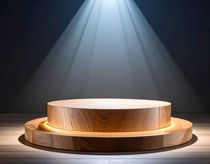 A wooden podium with a spotlight shining on it. The podium is round and made of wood. The spotlight is focused on the podium, creating a dramatic effect. Scene is intense and focused