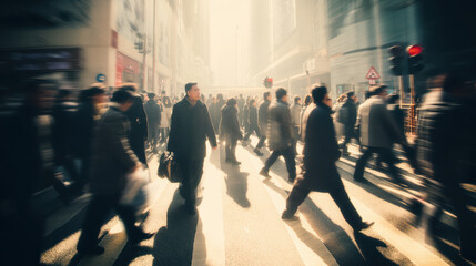 A throng of pedestrians is briskly crossing a sun drenched street, their figures slightly blurred with motion, creating a dynamic urban scene of busy city life.